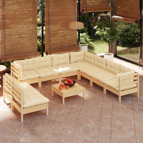 Salon de jardin 10 pcs,Mobilier de terrasse,Table et Chaise pour Relax avec coussins crème Bois de pin solide -YZ970996 (1/5)