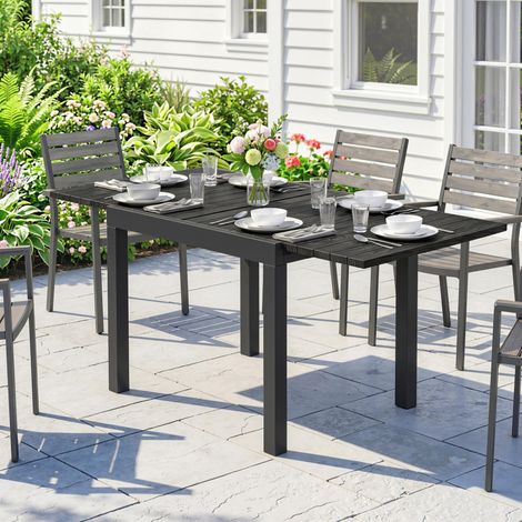 Table de jardin extensible 4-6 personnes avec rallonge intégrée aluminium aspect bois 80-160 x 80 cm noire (1/5)