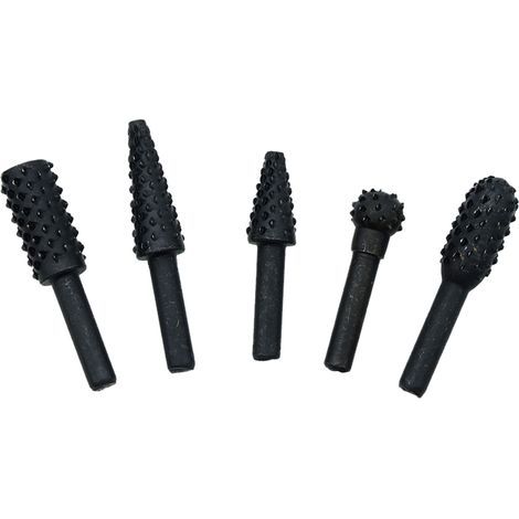 Set of 5 high-carbon steel rotary files with a 6.35 mm (1/4 in) shank, for woodworking, black. (1/5)