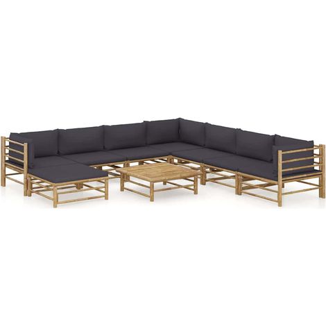 Salon de jardin 9 pcs Ensemble Table et Chaise de Jardin - avec coussins gris foncé Bambou BV501228 - BonneVie (1/5)
