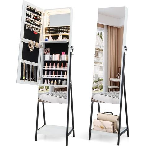 COSTWAY Armario Para Joyería, Organizador de Joyas con Cerradura con Espejo sin Marco con Espejo de Maquillaje, Luces LED de 3 Colores, Estante Plegable, Cajón y Estante Inferior (blanco) (1/5)