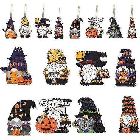 24 pièces pancartes suspendues en bois gnome - ornements d'arbre Halloween (8 styles) (1/3)