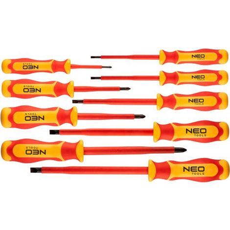 Coffret de 9 tournevis isolés 1000 V NEO TOOLS 04-143 embouts plats Phillips bimatière antidérapant (1/2)
