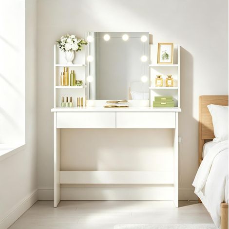 Tocador 90/40/135 cm blanco con espejo LED y cajones (1/5)