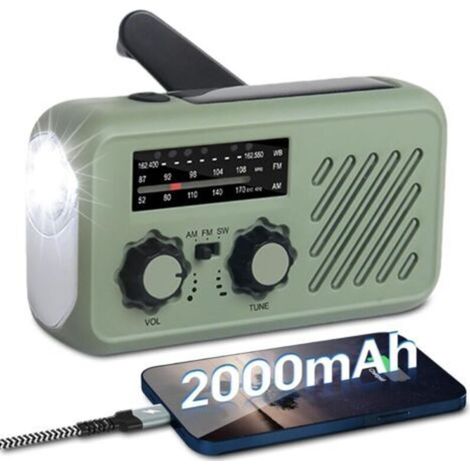 Petite Radio Portable, Radio d'urgence FM/AM avec Batterie Solaire Rechargeable et manivelle Dynamo avec Lampe de Poche LED, Batterie Externe 2000 mAh, Alarme SOS USB pour Camping en Plein air (Vert) (1/5)