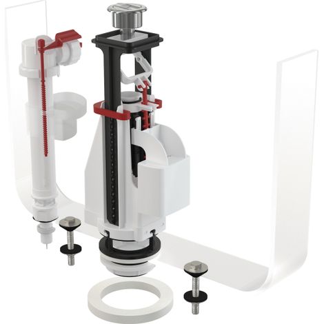 Kit di montaggio per cassetta di scarico in ceramica con doppio pulsante cromato e regolazione in altezza. (1/2)