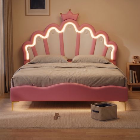 Lit simple 140x200 cm, lit capitonné enfant avec RGB LED et tête de lit couronne réglable, lit capitonné avec sommier, Rose (1/5)