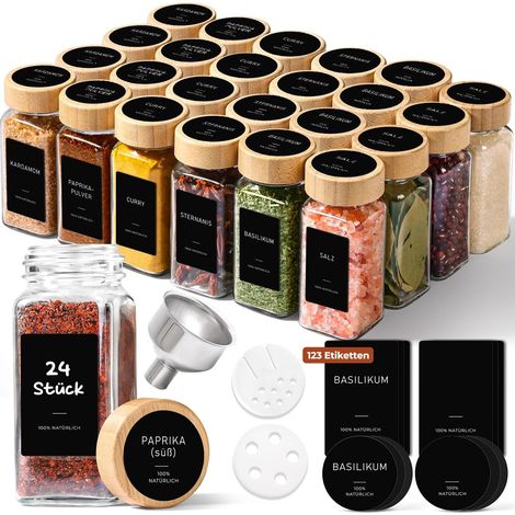 24 - Pot à épices - Verre - Étiquettes lisibles - Rangement tiroir et placard - Cuisine familiale - Transparent - 120 ml