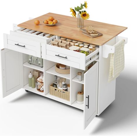 145 x 45 x 94,5 cm, multifunktionale mobile Kücheninsel mit klappbarer Arbeitsplatte, verstellbaren Regalen, 5 Rollen, verdeckter Besteckschublade – geeignet für Küchen, Esszimmer, Wohnzimmer usw,weiß