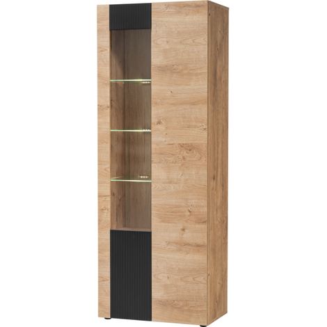 Vitrine haute Aron avec éclairage LED - Bois MDF noir mat et chêne Ribbeck - 70 x 192 x 40 cm - Livraison gratuite (1/5)