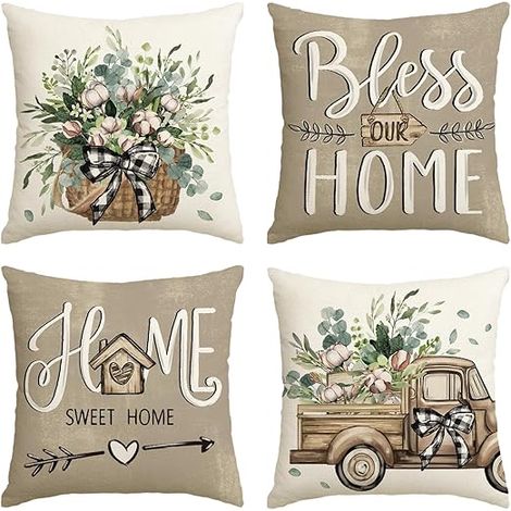 Housses coussin décoratives Farmhouse eucalyptus 45x45 lot 4, motifs Home Sweet Home décoration salon (1/5)