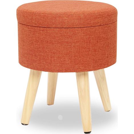 Taburete De Tela MINKUROW, Diseño De Cofre De Almacenamiento, Taburete Redondo Para Sala De Estar, Silla Moderna, Asiento De Lino, Patas De Madera De Colores Con Tapa Naranja (1/5)