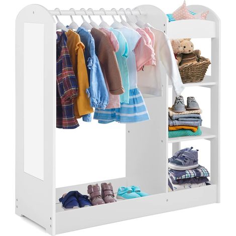 COSTWAY Armario de Almacenamiento para Niños con Espejo, Perchero de Ropa, Armario de Madera para Niños, Muebles Organizadores de Juguetes y Disfraces para Niños Pequeños (Blanco) (1/5)
