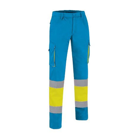 Pantalón de Alta Visibilidad multibolsillos bicolor con cintura elástica y cintas reflectantes EN 20471 de sarga VALENTO FACTORY M Amarillo flúor / Azul tropical