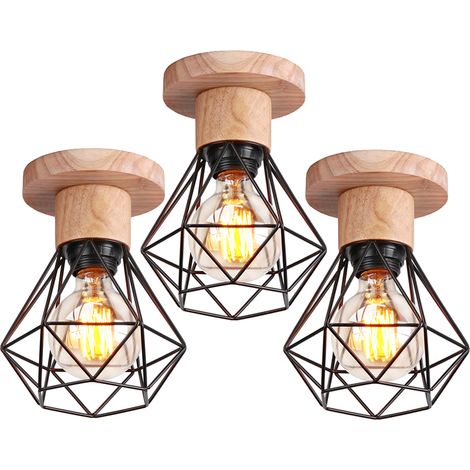 3 Pack Plafonnier Industriel Vintage Interieur, Stoex Lampe de plafondRétro en Bois Douille E27 Cage Diamant pour Salon, Chambre, Cuisine,Couloir, Escalier, E27, Noir (Sans Ampoule) (1/5)