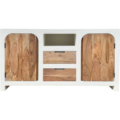 Buffet Bas Scandinave en Bois d'Acacia Massif et MDF Blanc avec Portes et Tiroirs - PANGIVO (1/5)