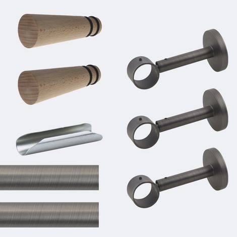 Kit de tringle à rideaux Carbone 300cm Diam.28mm Embout Cône Bois - Fixation Mur - Boulet (1/3)