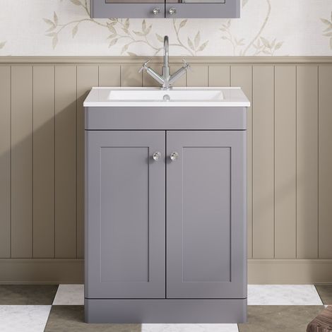 Nuie Classique Floor Standing 2-Door Vanity Unit with 1TH Minimalist Basin 600mm Wide - Satin Grey (1/5)