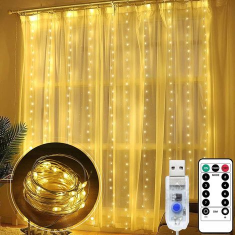 Guirlande Lumineuse Rideau 3x3m LED USB Blanc Chaud, 8 Modes avec Télécommande et Minuterie, Décor Salle Fête Mariage Chambre (1/5)