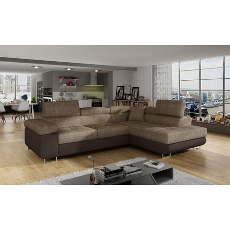 Ecksofa Schlafsofa SARRA Stoff Soft- Berlin Braun-Beige Ottomane Rechts (1/5)