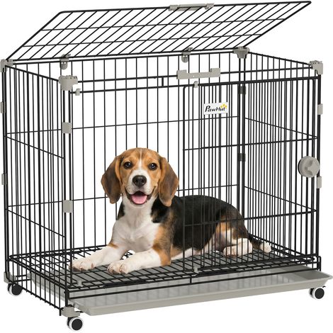 Cage pour Chien, Plateau Amovible, Roues avec Freins, Toit Ouvrant Verrouillable, 75,5x46x64,5cm, Noir (1/5)