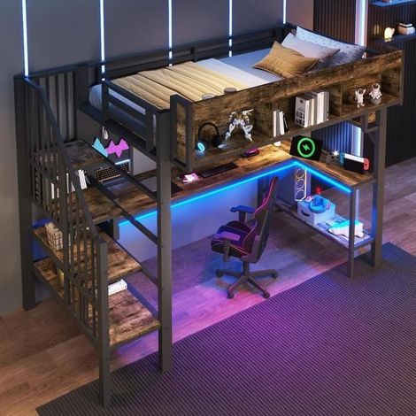 Lit mezzanine - KOMHTOM - Mezzanine 90x200 - Bureau d'angle - Rangement - LED intégrée, USB-C (1/5)