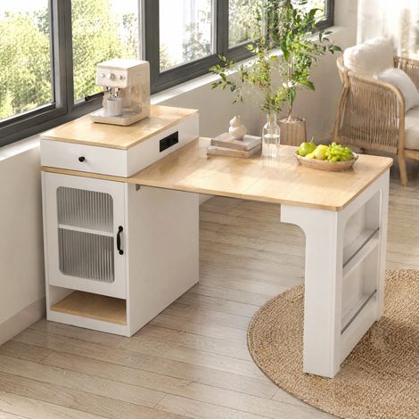 Mesa de cocina extensible con almacenaje y enchufes, blanco y madera natural HAVRYA (1/5)