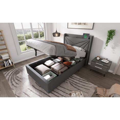 MEUBLIV Leinenbett 90x200 cm Grau mit USB/USB-C, Bettkasten, ohne Matratze (1/5)