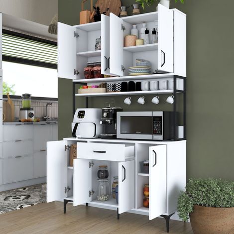 Aparador Cavriago, Cómoda 5 Estantes, un Cajón, 8 Puertas, 120x40x199h cm Blanco (1/5)