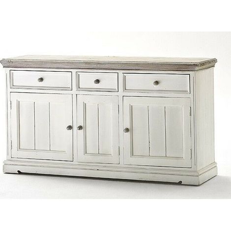 Pegane – Buffet en pin massif blanc vintage – Longueur 165 cm – Hauteur 90 cm – Profondeur 47 cm – 3 portes et 3 tiroirs