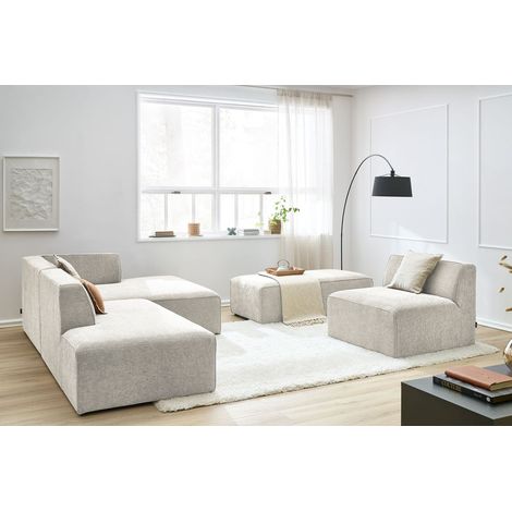 BOBOCHIC - Canapé d'angle fixe modulable MEGEVE tissu texturé avec 1 chauffeuse et 1 pouf Angle droit Beige (1/5)