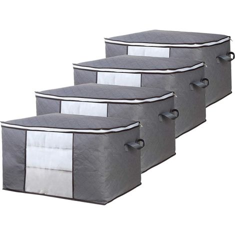 Sac de Rangement Vetement Lot de 4, Grande Non-Tissé Sac de Rangement sous Lit avec Poignée pour Couette Vêtements édredons Couvertures Oreillers Jouets, 60 x 40 x 35 cm, Gris-Fei Yu (1/4)