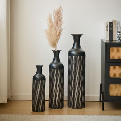 Lot de 3 grands vases noirs pour sol (50/66/83 cm) - Cache-pots en métal cannelé, décoration style industriel pour salon et entrée
