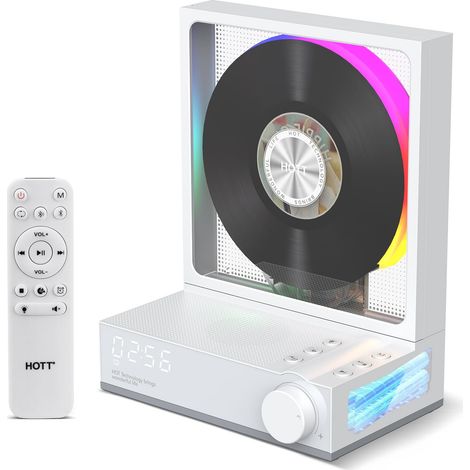 Lecteur CD de Bureau avec Télécommande, Lecteur CD Bluetooth 5.3 avec Lumières RGB, Enceinte HiFi, Lecture et Transcription de Cartes TF, Écran LED, Minuteur (Blanc) (1/5)