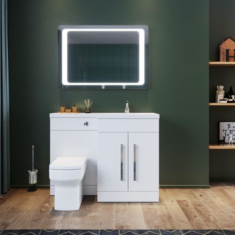 ELEGANT 1100mm L Shape Right Hand Bathroom Vanity Sink Unit,High Gloss White Vanity unit + Basin + Ceramic Square Toilet with Concealed Cistern (1/5)