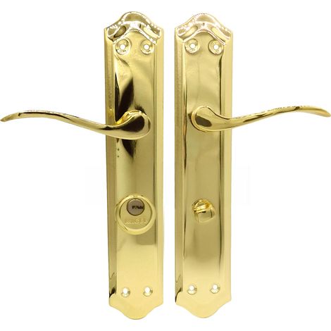 Poignée de porte avec condamnation pour poignée de porte de 70 mm, main gauche, avec béquille, 2 clés, finition laitonnée, couleur or, 120 x 256 x 55 mm (1/5)