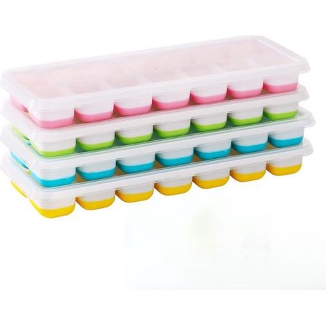 Bandeja cuadrada para 4 cubitos de hielo con tapa,cubitos de hielo fáciles de extraer,rosa + verde + azul + amarillo,19 x 7,5 x 2,5 cm (1/5)