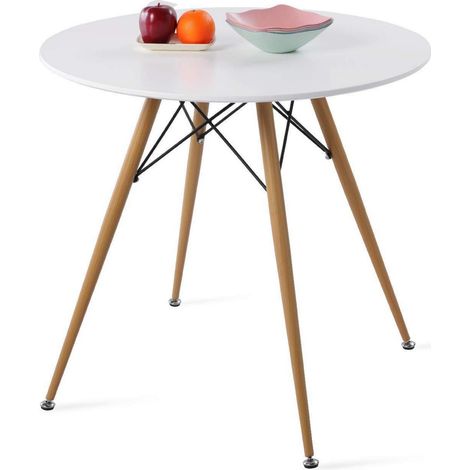 Runder Esstisch Weiß Skandinavisch 80cm mit Buchenholz-Optik Beinen (1/5)