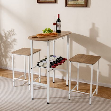 Ensemble de Table de Hauteur de Comptoir 3 Pièces Table à Manger Ovale et 2 Tabourets avec Porte-Bouteilles Porte-Verres à Vin Naturel (1/3)