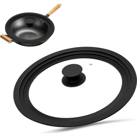 Couvercle universel noir 3 tailles, verre et silicone résistant à la chaleur, Ø 24/26/28 cm, avec trou vapeur. (1/5)