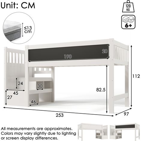 Lit mezzanine enfant 90×200cm,tableau blanc+noir,rangement,protection chute,cadre lattes blanc sans matelas