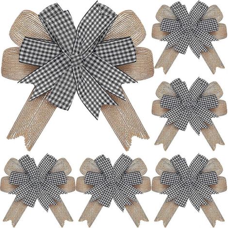 Set mit 6 karierten Juteschleifen für Kränze und Weihnachtsbäume, gebrauchsfertige Dekorationen für Bastelarbeiten, Innen- und Außendekorationen, 16 cm (schwarz und weiß) (1/4)