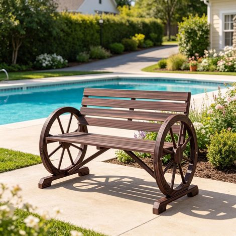Banc de jardin de style vintage avec accoudoirs en forme de roue de chariot, banc classique en bois au design unique, banc double (1/4)
