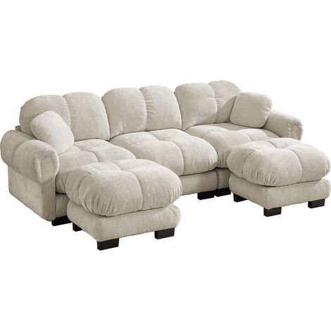 Canapé 3 places en chenille beige clair en forme de U avec ottomane mobile et coussins décoratifs (1/5)
