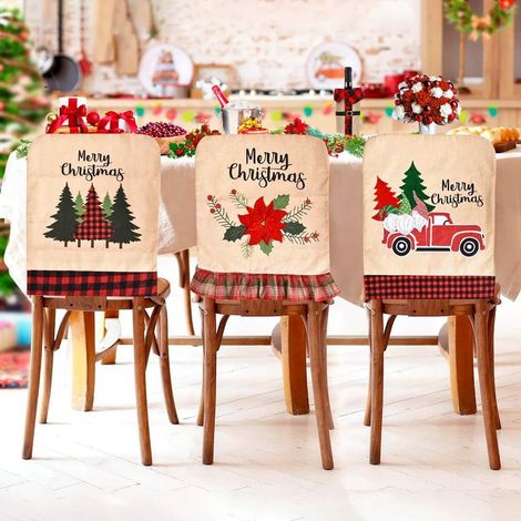 Fundas para sillas con temática navideña, 3 piezas. Decoración original para mesa de comedor con diseño de árbol de Navidad y flores. Fundas de lino para sillas de comedor. Decoración festiva para fie (1/5)