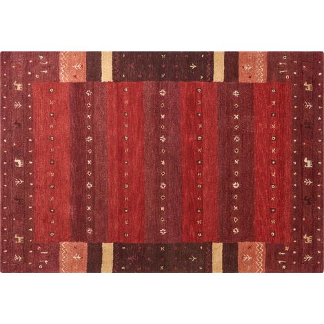 Alfombra gabbeh de lana rojo oscuro naranja amarillo 140 x 200 cm pelo denso Sinanli (1/5)