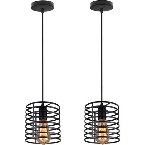 2PCS Lampe À Suspension Vintage E27 Plafonnier D'Intérieur En Métal Suspension Luminaire Rétro Pour Salon, Salle À Manger, Bar, Noire (1/5)