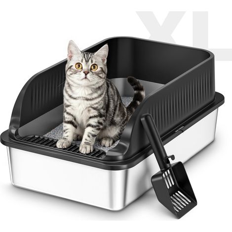 Bac Litiere pour Chat en INOX, Bac a Litiere pour Chats avec Pelle, Grande Caisse Chat Litiere XXL à Bords Hauts Amovibles, Toilette pour Chats, Anti-Fuite, Anti-Odeurs, Facile à Nettoyer, Noir (1/5)