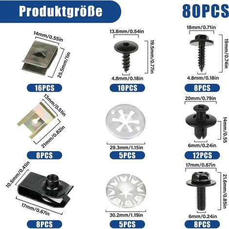 Set mit 80 Karosserieschrauben – Blechmuttern – Kennzeichenbefestigungsclips – Reparaturclips für Autoteile (1/5)