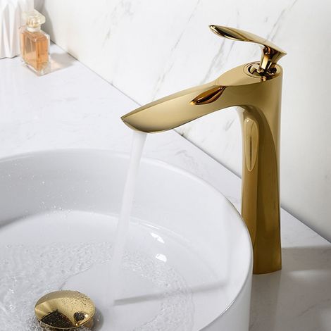 Robinet Lavabo Haut Mitigeur Mono Trou Doré pour Évier (Cascade) (1/5)